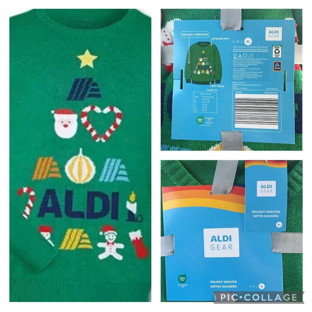2024 Aldi‎ Christmas Holiday Ugly Sweater Jumper XL Green Santa Candy Cane NEW